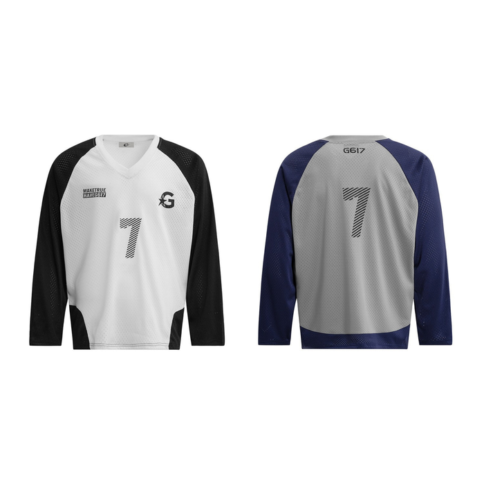 Front and back view of white and black colorblock mesh jersey with number 7 graphic and contrast raglan sleeves