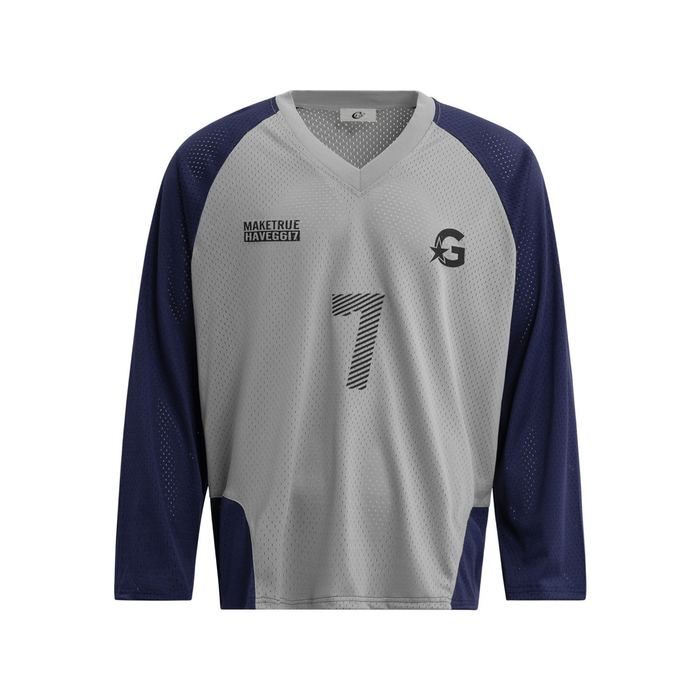 Front view of gray and navy long sleeve mesh jersey with number 7 and chest logos