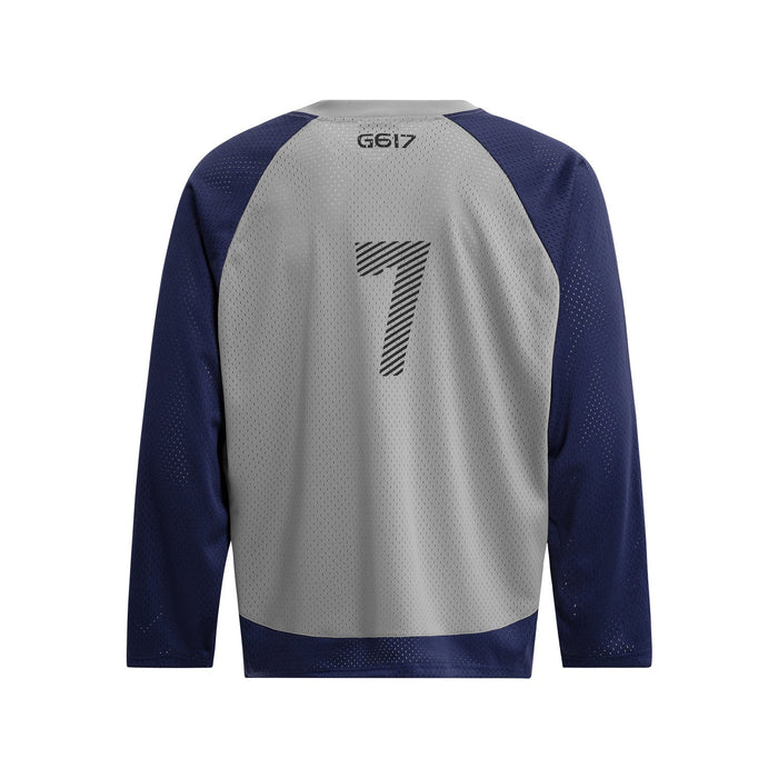 Back view of gray and navy long sleeve mesh jersey with large 7 and G617 at the neck