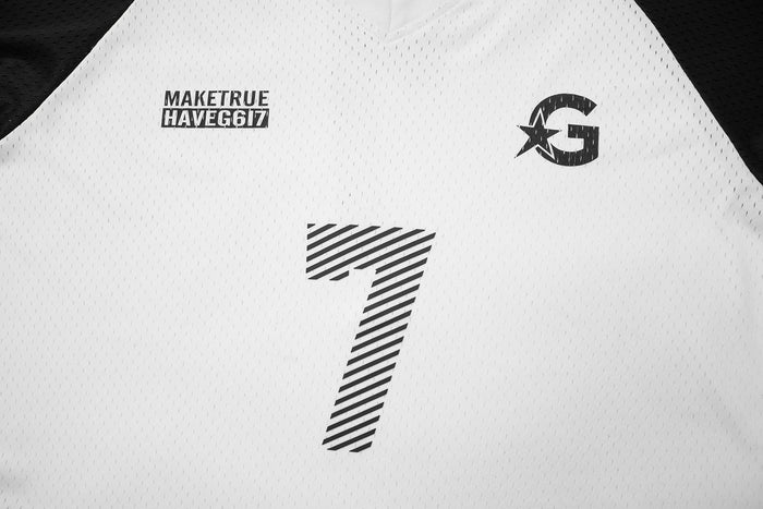 Close-up of front chest graphic with number 7, G617 logo, and MAKE TRUE HAVE G617 text