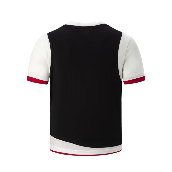 Black colorblock raglan T-shirt with white sleeves, red sleeve cuffs, and layered hem on a plain white background