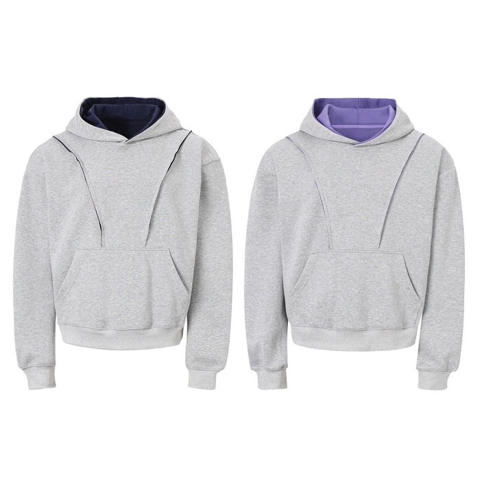 Heather grey pullover hoodie with navy and lavender contrast hood lining, curved front panel seams, and kangaroo pocket, show