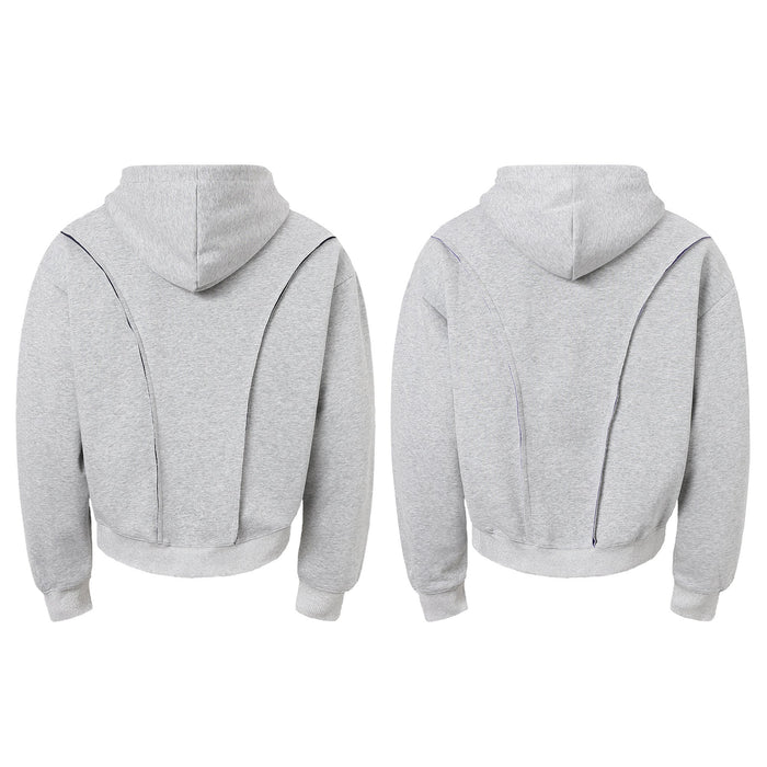 Light gray hoodie back view with contrast seam lines and hood