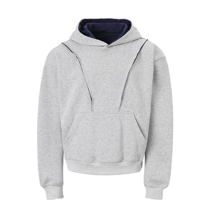 Light gray hoodie front view with navy hood lining and front pocket