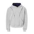 Light gray hoodie front view with navy hood lining and front pocket