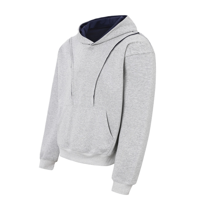 Light gray hoodie angled front view with dark contrast hood lining