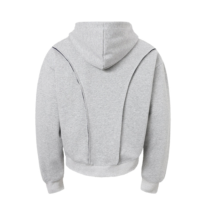 Light gray hoodie back view with hood and curved contrast seams