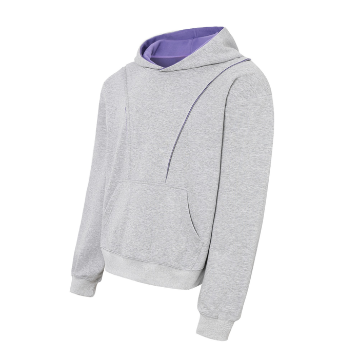 Light gray hoodie angled front view with purple hood lining