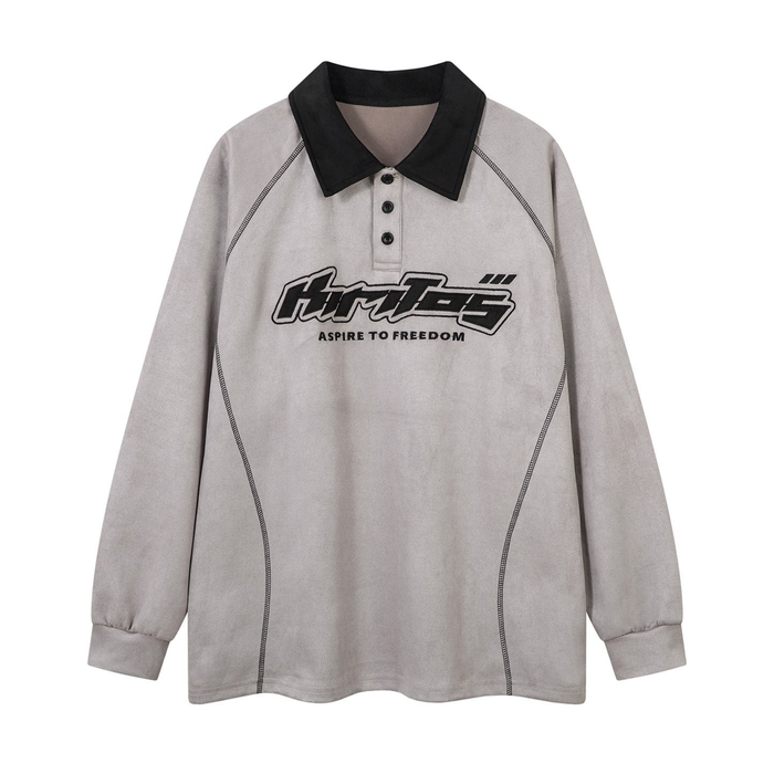 Light gray long-sleeve polo shirt with black collar, front graphic, and contrast seam stitching