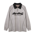 Light gray long-sleeve polo shirt with black collar, front graphic, and contrast seam stitching