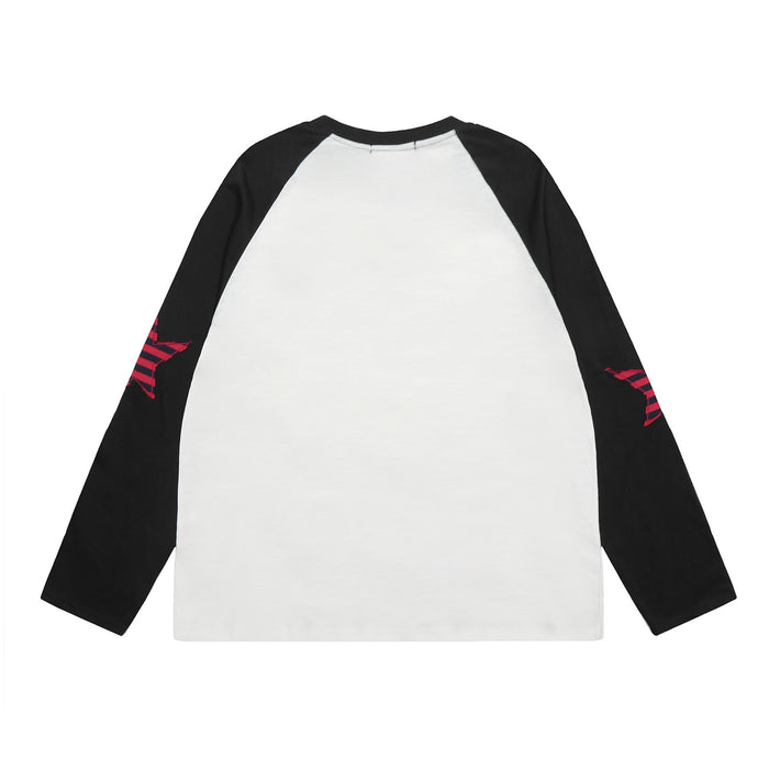 Back view of white raglan long-sleeve tee with black sleeves and red striped elbow detail