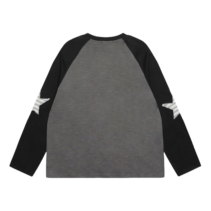 Back view of charcoal gray raglan long-sleeve tee with black sleeves and striped elbow detail