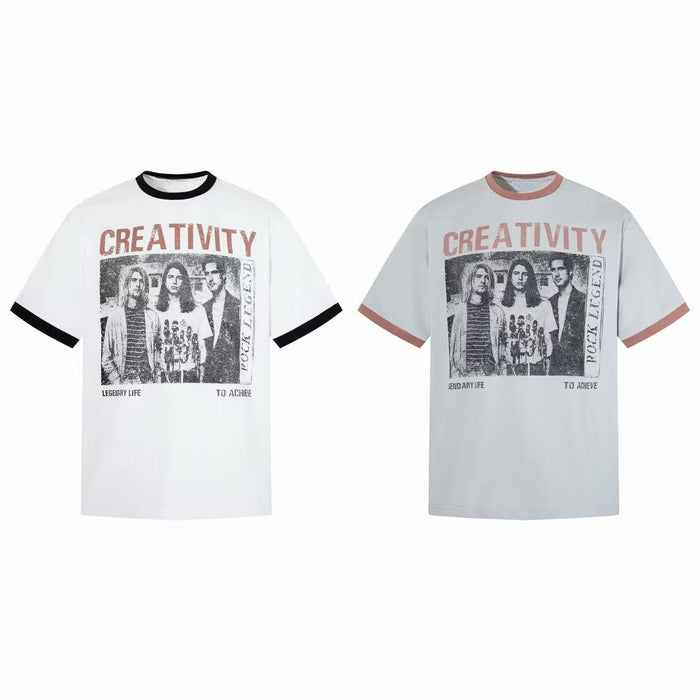 White oversized ringer t-shirt with distressed vintage band graphic print, contrast black collar and cuffs, retro Y2K streetw