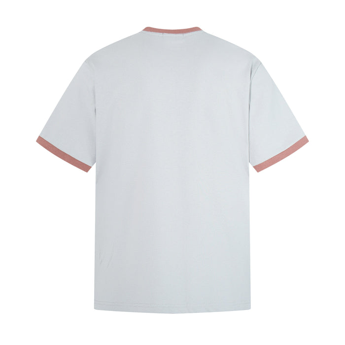 Back view of white ringer T-shirt with pink trim, vintage retro Y2K style and relaxed fit