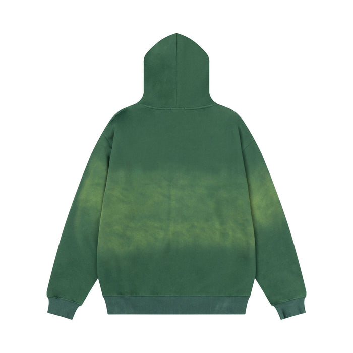 Back view of green zip-up hoodie with hood and faded wash effect
