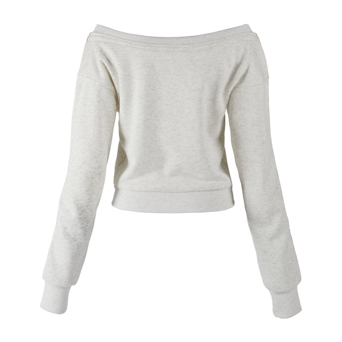 Back view of white cropped hoodie with off-shoulder neckline and ribbed hem