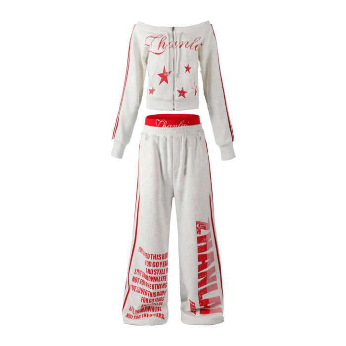 White cropped hoodie and wide-leg pants set with red star graphics, front view
