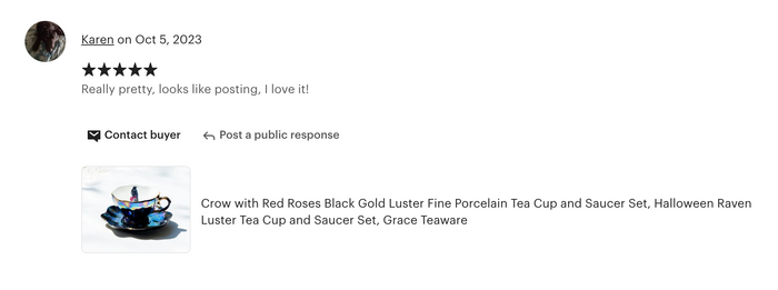 Crow with Red Roses Black Gold Luster Tea Cup and Saucer