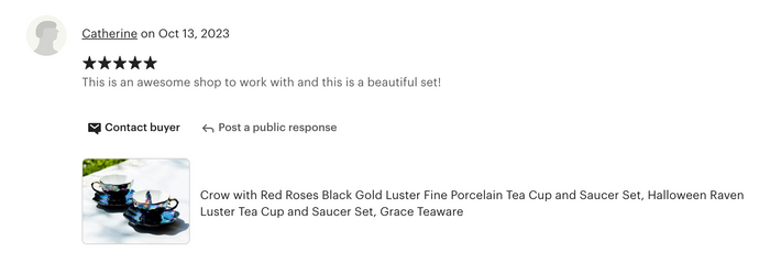Crow with Red Roses Black Gold Luster Tea Cup and Saucer