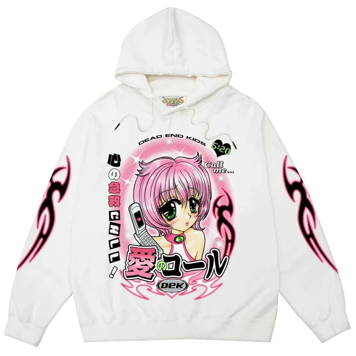 The Seakoff Y2K Aesthetic Anime Hoodie features a kawaii design with a pink-haired, green-eyed character holding a phone. This white pullover, adorned with text and sleeve graphics, perfectly blends retro and modern styles.
