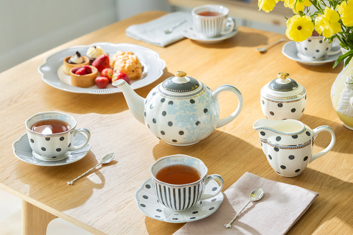 Dark Gray Stripes and Dots with Blue Toile Fine Porcelain Tea Set