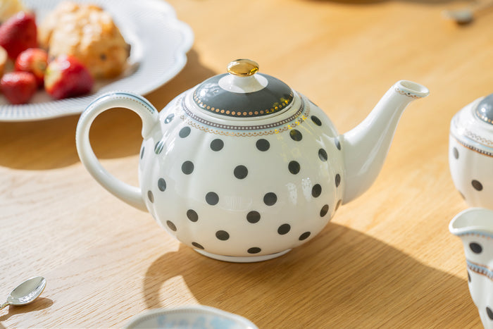 Dark Gray Stripes and Dots with Blue Toile Fine Porcelain Tea Set