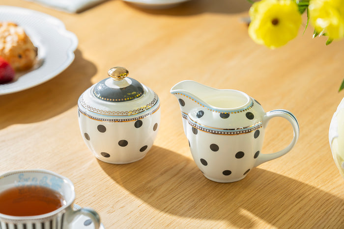 Dark Gray Stripes and Dots with Blue Toile Fine Porcelain Tea Set