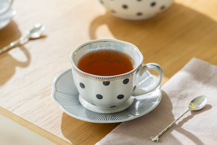 Dark Gray Stripes and Dots with Blue Toile Fine Porcelain Tea Set
