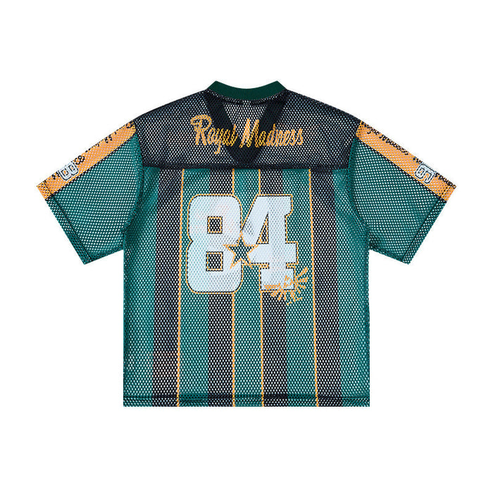 Teal mesh jersey T-shirt with black shoulders, yellow trim, and bold 84 Royal Madness graphic on back