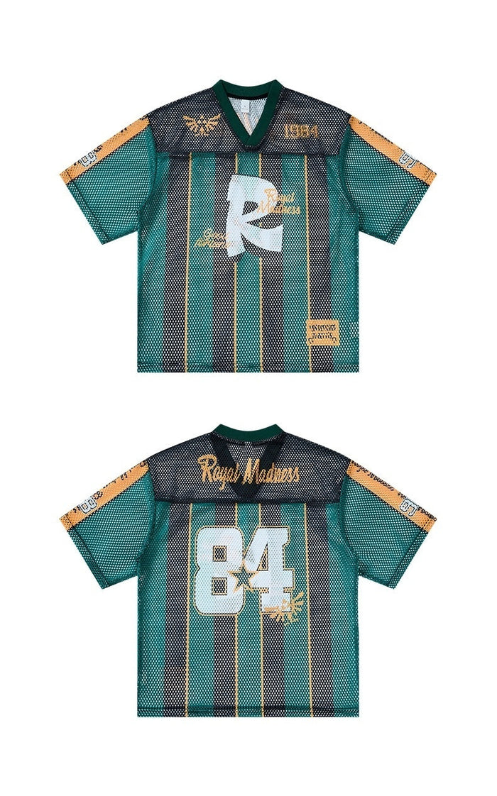 Teal and black mesh jersey T-shirt with gold accents, striped panels, and bold 84 streetwear graphics on front and back