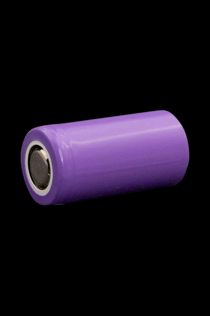 A side view of the DaVinci MIQRO Battery, showing its sleek, cylindrical shape against a solid black background.