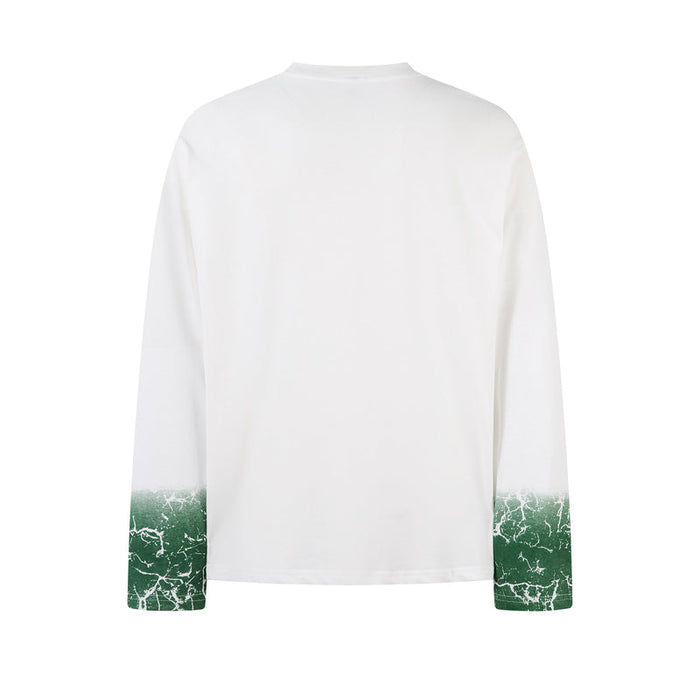Back view of white long sleeve tee with green gradient sleeve cuffs