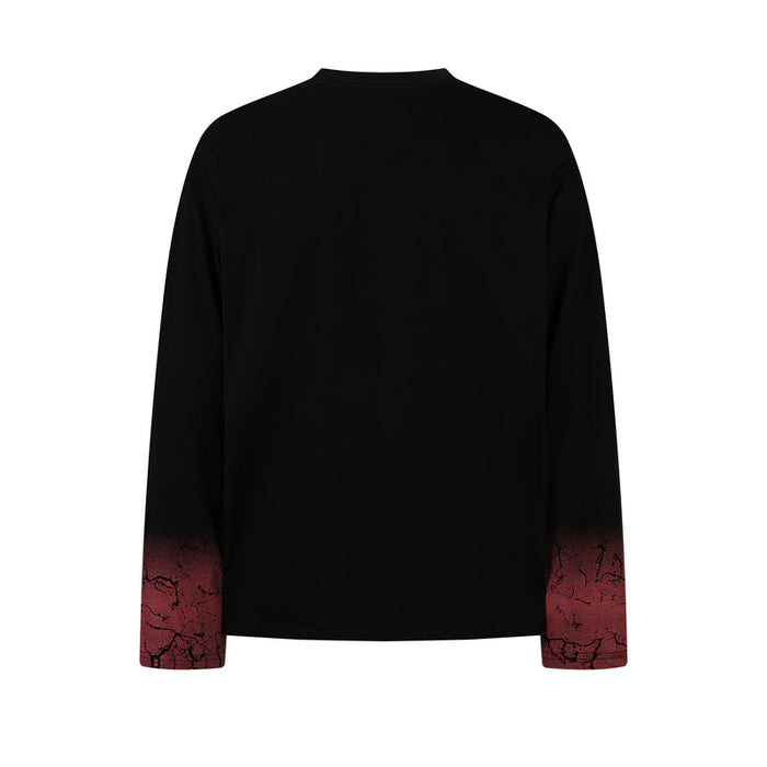 Back view of black long sleeve tee with red gradient sleeve cuffs