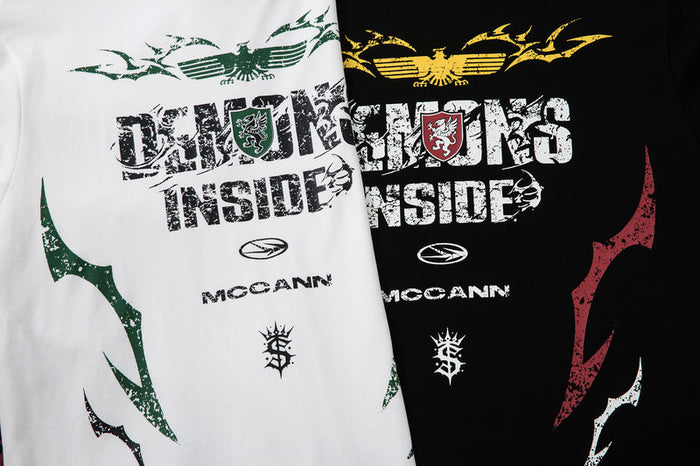 White and black Demons Inside long sleeve tees shown side by side front view