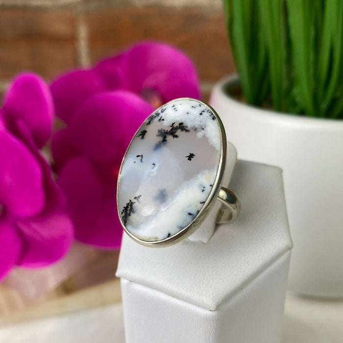 Dendritic Agate Freeform Ring with sterling silver Band 0.75-1" (Adjustable or Sized)
