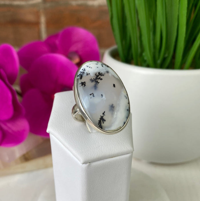 Dendritic Agate Freeform Ring with sterling silver Band 0.75-1" (Adjustable or Sized)