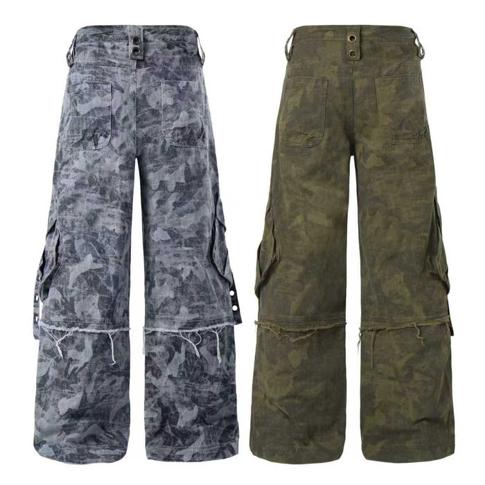 Distressed camo cargo pants front view in gray and olive green