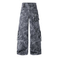 Gray distressed camo cargo pants front view with zip pockets