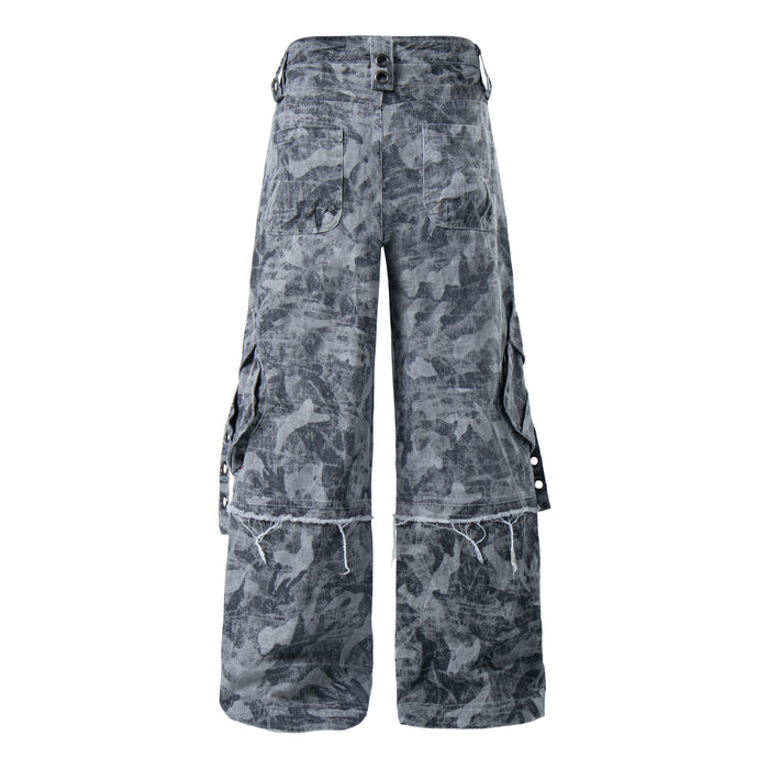 Gray distressed camo cargo pants back view with cargo pockets
