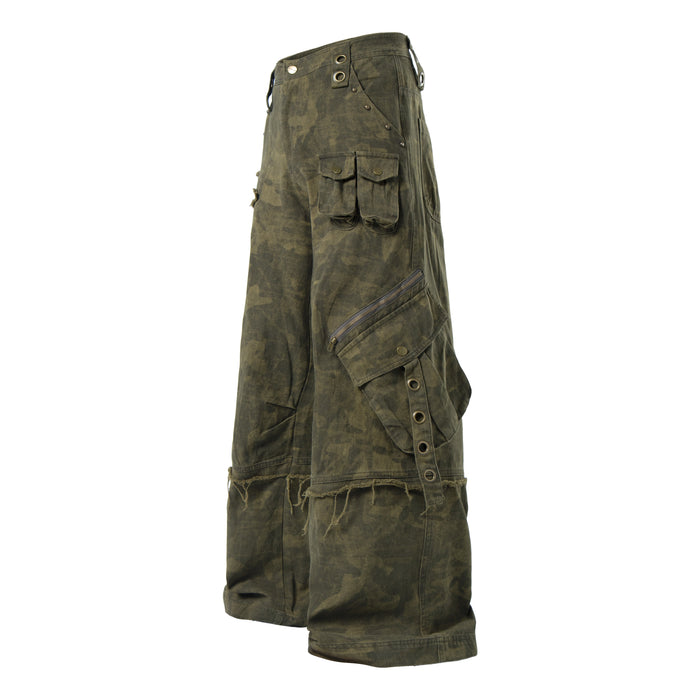 Olive green distressed camo cargo pants angled front view with cargo pockets