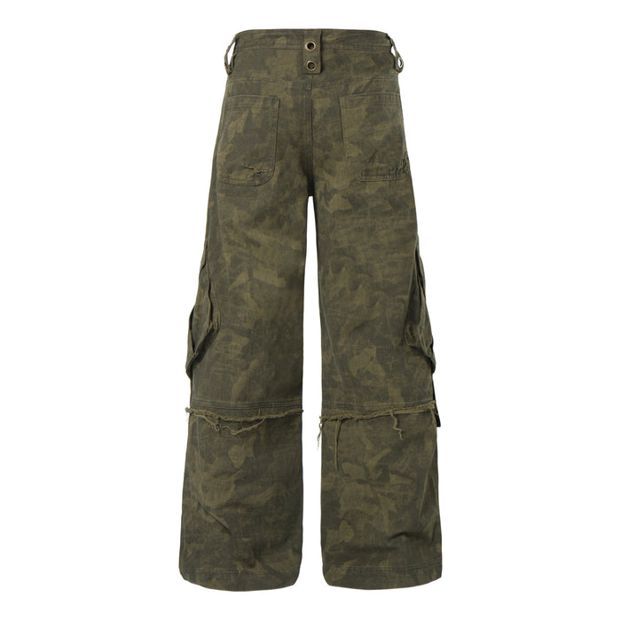 Olive green distressed camo cargo pants back view with wide legs