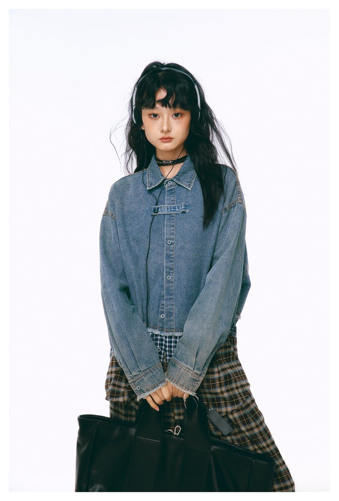 Distressed Denim Chambray Bomber Jacket on Sale - Men's and Women's Long Sleeve Vintage Style - Seakoff