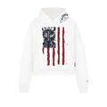 White pullover hoodie with distressed flag graphic on the front and small logo on the hood