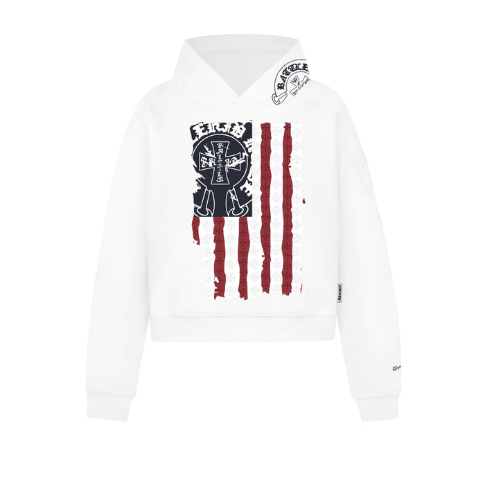White pullover hoodie with distressed flag graphic on the front and small logo on the hood