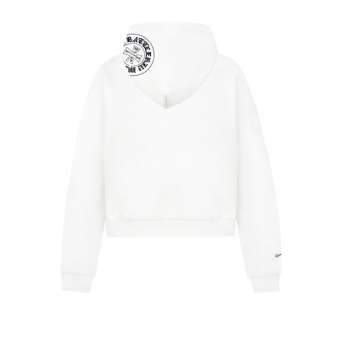 Back view of white pullover hoodie with small circular logo printed at the upper left shoulder