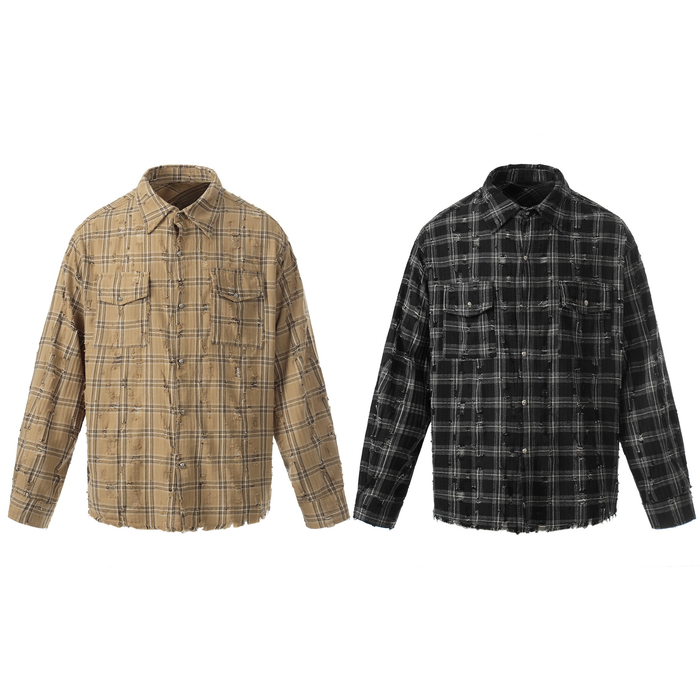 Tan and black distressed plaid shirt jackets with frayed detailing, chest flap pockets, and raw hem finish
