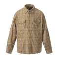 Tan distressed plaid shirt jacket front view with frayed details and button closure