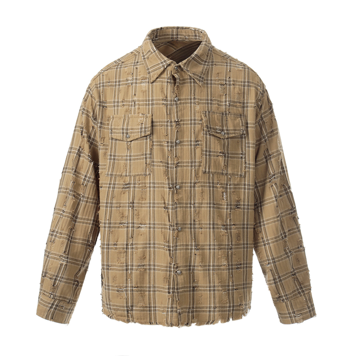 Tan distressed plaid shirt jacket front view with frayed details and button closure