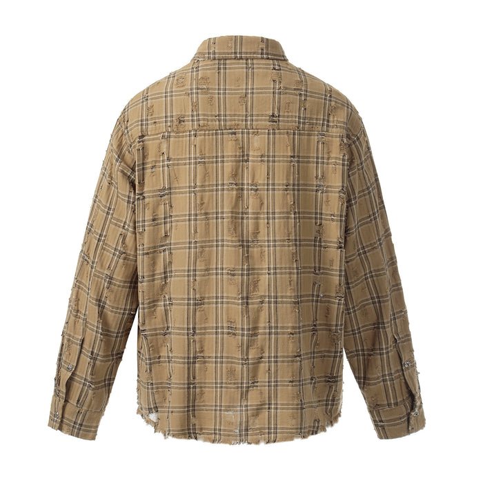 Back view of tan plaid flannel overshirt with distressed fabric and frayed hem