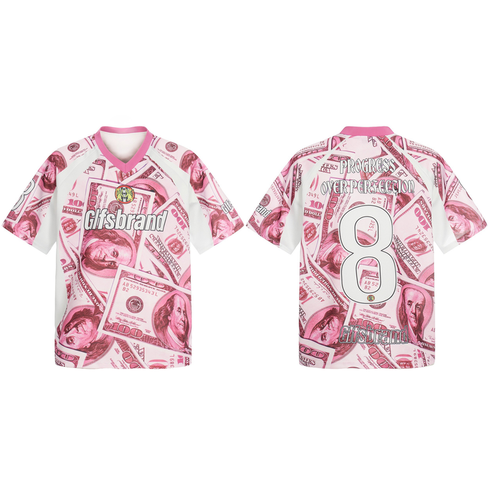 Pink dollar bill print mesh football jersey with white sleeves, V-neck trim, and large number 8 on the back
